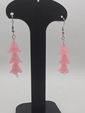 Handmade Pink Beaded Dangle Earrings Silver Tone Fish Hook